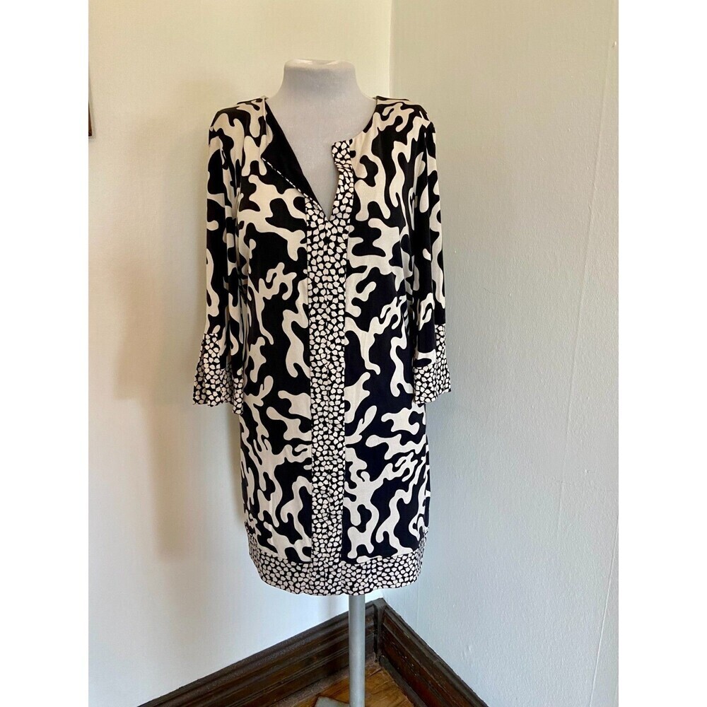 DVF Reina VTG Fire-Bird/ Rose Heart Black White 100% Silk 14 Shift Dress 3/4 Cla